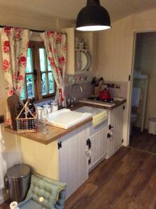 a kitchen with a sink and a counter top at Llangollen Shepherds Huts in Llangollen