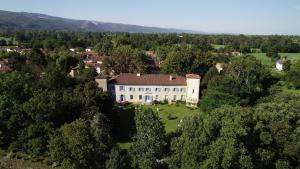 Château de Verdalle في Verdalle: اطلالة جوية على بيت ابيض كبير فيه اشجار