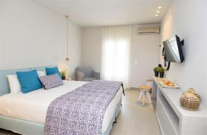 a bedroom with a bed and a television in it at Vigla Hotel in Aegiali
