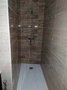 a bathroom with a shower with a tile wall at El Balcon de Peñafiel in Peñafiel