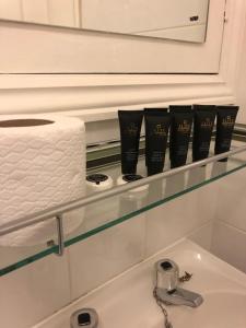 a shelf above a sink with a roll of toilet paper at Adam And Eve Street Apartment in Cambridge