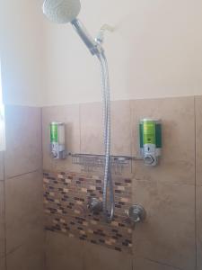 La salle de bains est pourvue d'une douche avec un pommeau de douche. dans l'établissement Eventuality B&B New Kingston, à Kingston