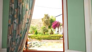 アダマスにあるKamakaris Roomsのカーテン付きの窓から庭の景色を望めます。