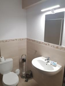 a bathroom with a toilet and a sink and a mirror at Апартаментен туристически комплекс Аква Терми in Krasnovo