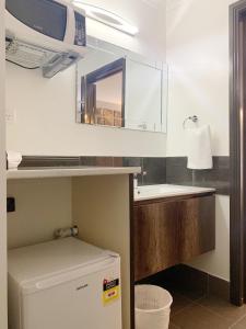 ein Badezimmer mit einem Waschbecken, einem Spiegel und einem Kühlschrank in der Unterkunft Statesman Motor Inn in Ararat