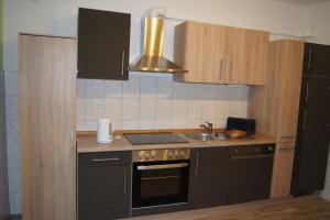 a kitchen with a sink and a stove top oven at Ferienwohnung Feldberger Seenlandschaft in Neuhof