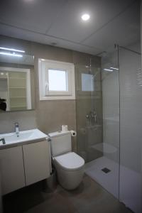 La salle de bains est pourvue de toilettes, d'un lavabo et d'une douche. dans l'établissement Iberflat APARTAMENTOS LOS PINOS, à Benicàssim