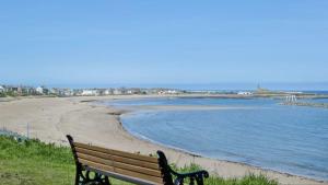 a bench sitting on the grass near the beach at Last Cottage in Newbiggin-by-the-Sea