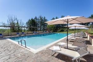 uma piscina com cadeiras e guarda-sóis em Casafrassi em Castellina in Chianti