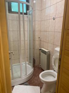 a small bathroom with a toilet and a shower at Turistički centar Vučje in Nikšić