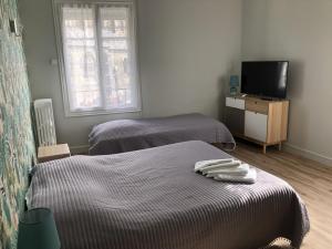 Habitación de hotel con 2 camas y TV en Le Commerce, en La Haye-du-Puits