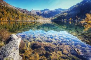 a lake in the middle of a mountain with trees at CASA BRENZ in Madonna di Campiglio