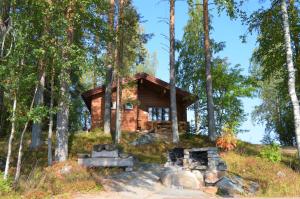 a small cabin in a wooded area next to a forest at Rinnepelto Holiday Cottages in Tahkovuori