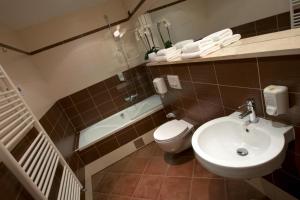 Gold Club Hotel & Casino في آيدوشتشينا: حمام مع حوض ومرحاض وحوض استحمام