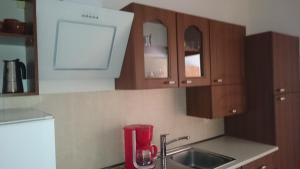 eine Küche mit Holzschränken und einem roten Mixer in der Unterkunft Apartman Marin in Šilo