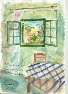 a drawing of a bedroom with a bed and a window at Marianna Apartments in Agia Pelagia