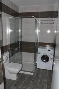 a bathroom with a toilet and a washing machine at Apartamentos Credencial in Sarria
