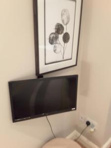 una TV a schermo piatto a parete con un'immagine di Fabulous Double ensuite room in Sefton Park Lark Lane a Liverpool
