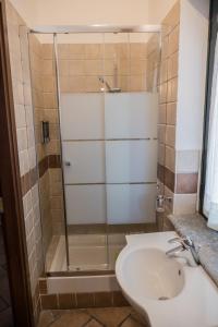 ein Bad mit einer Dusche und einem Waschbecken in der Unterkunft B&B I tre gadan in Volpiano
