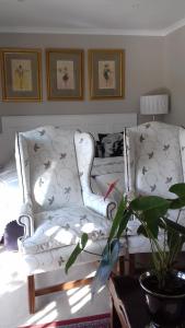 Mulligans Guest Lodge في هيرمانوس: غرفة معيشة مع كرسي أبيض وطاولة