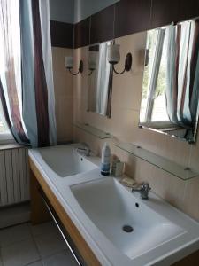 ein Badezimmer mit einem weißen Waschbecken und einem Spiegel in der Unterkunft Gîte de l'Aqueduc in Le Douhet