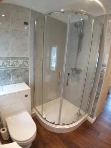 a bathroom with a shower and a toilet at The Tree House in Durham