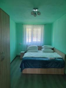 a bedroom with a large bed with a window at La Bustea in Hărţăgani