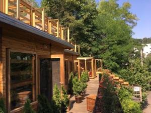 a house with a porch with plants on it at Skay Loft in Braşov