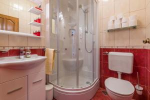 a bathroom with a shower and a toilet and a sink at Villa M in Crikvenica