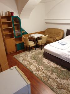 a room with a bed and a couch and a table at Appartement Hotel Marien-Hof in Vienna