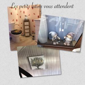 two pictures of a bathroom with two teddy bears in a room at la petite forge in Saint-Saturnin