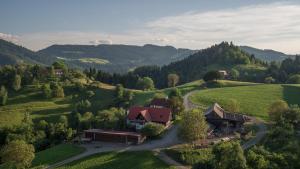 an aerial view of a house in a green valley at UrKräuterwagen in Leutschach