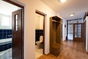 a bathroom with a toilet and blue tiles at Ubytovanie Marta Vavreková in Habovka +37 photos