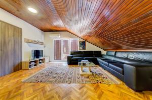 a living room with a leather couch and a wooden ceiling at Castelomi in Podgorica