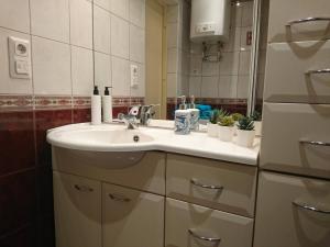 a bathroom with a sink and a mirror at City center Raua apartment with balcony in Tallinn +7 photos
