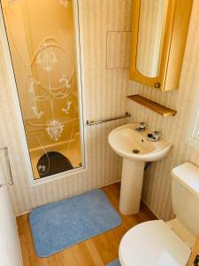 a small bathroom with a sink and a toilet at Golden Sands Caravan Hire Ingoldmells- FREE in caravan wifi- Access included to the on site club house, sports bar, arcade, coffee shop We have beach access, a fishing lake and a laundrette in Ingoldmells
