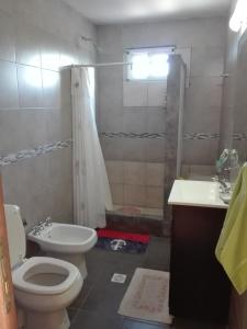 La salle de bains est pourvue de toilettes, d'un lavabo et d'une douche. dans l'établissement todo para disfrutar b!!!, à Junín