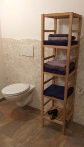 ein Badezimmer mit einem WC und einem Regal mit Handtüchern in der Unterkunft Ferienwohnung Bäckerberg in Scharnstein