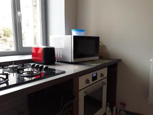 a kitchen counter with a microwave and a stove at Galerie Benjamine in Vézelay