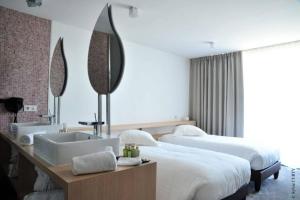 a bathroom with two beds and a sink and mirrors at Les Jardins du Lac in Trizay +35 photos