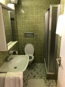 a bathroom with a toilet and a sink and a shower at Hotel Pflieger in Pocking