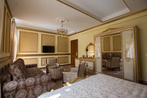 a living room with a couch and chairs and a television at Robevski luxury rooms in Bitola