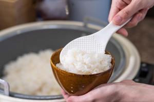 a person holding a bowl of rice with a spoon at Vessel Inn Sapporo Nakajimakoen in Sapporo