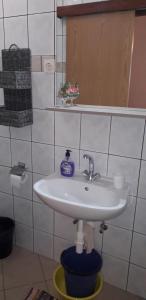 a bathroom with a white sink and a mirror at Apartment Perović in Baška Voda