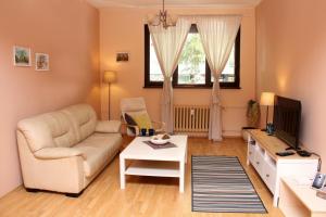 a living room with a couch and a tv at Central Charming Home with Garden near Parking and NDK in Sofia