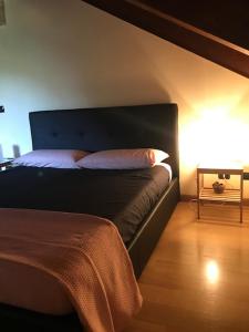 a bedroom with a bed with a headboard and a lamp at La Morona in Rocchetta Tanaro