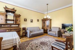 uma sala de estar com uma cama e uma televisão em George Apartment em Lviv