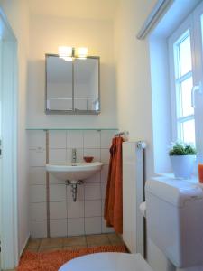 ein Badezimmer mit Waschbecken, Toilette und Spiegel in der Unterkunft Ferienhaus im Fachwerkhof 'Haus in Bewegung' in Seelscheid