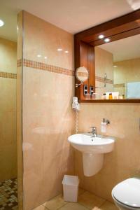 y baño con lavabo, ducha y aseo. en Hotel Simon's Plaza en Grevenmacher