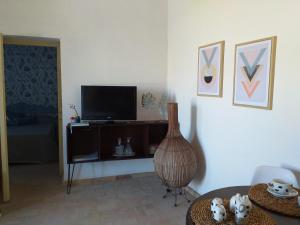 ein Wohnzimmer mit einem TV und einem Tisch in der Unterkunft Gibbesi country farm piccolo cottage in Naro